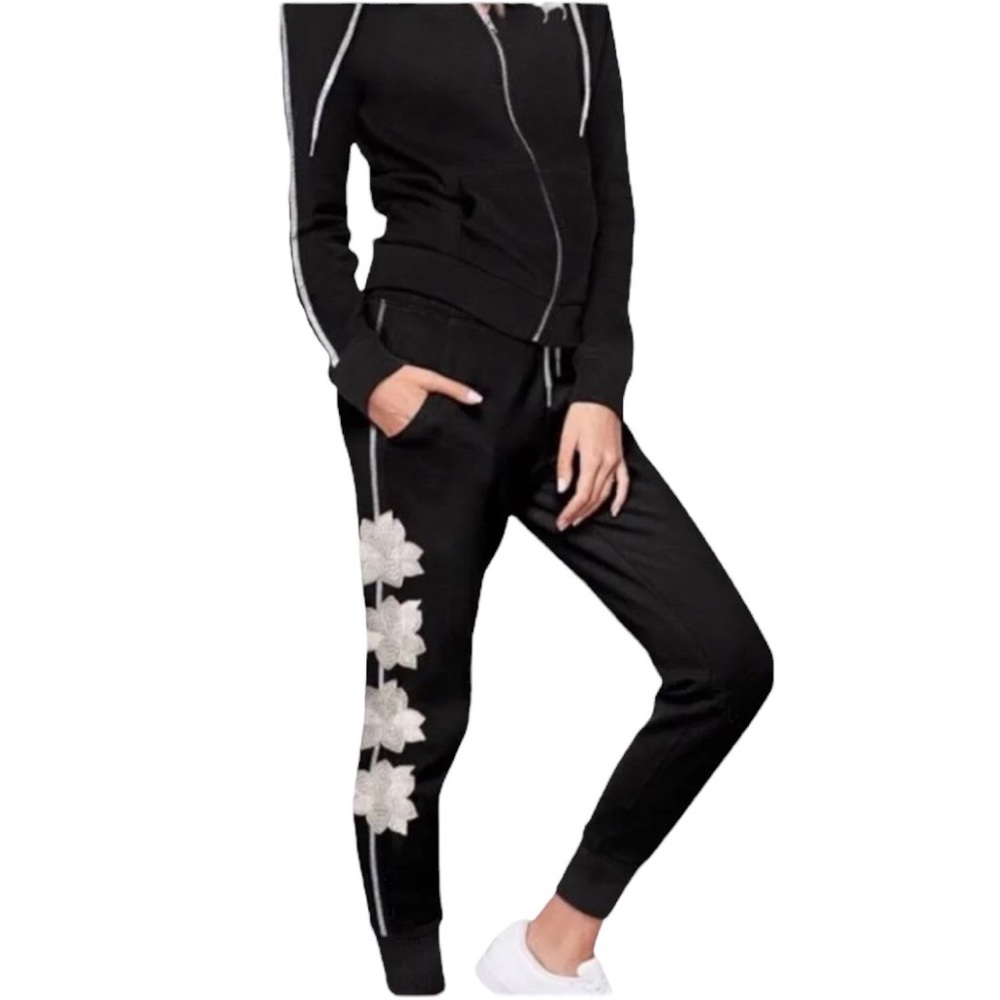 PINK Victoria's Secret Black Joggers with White Floral Design